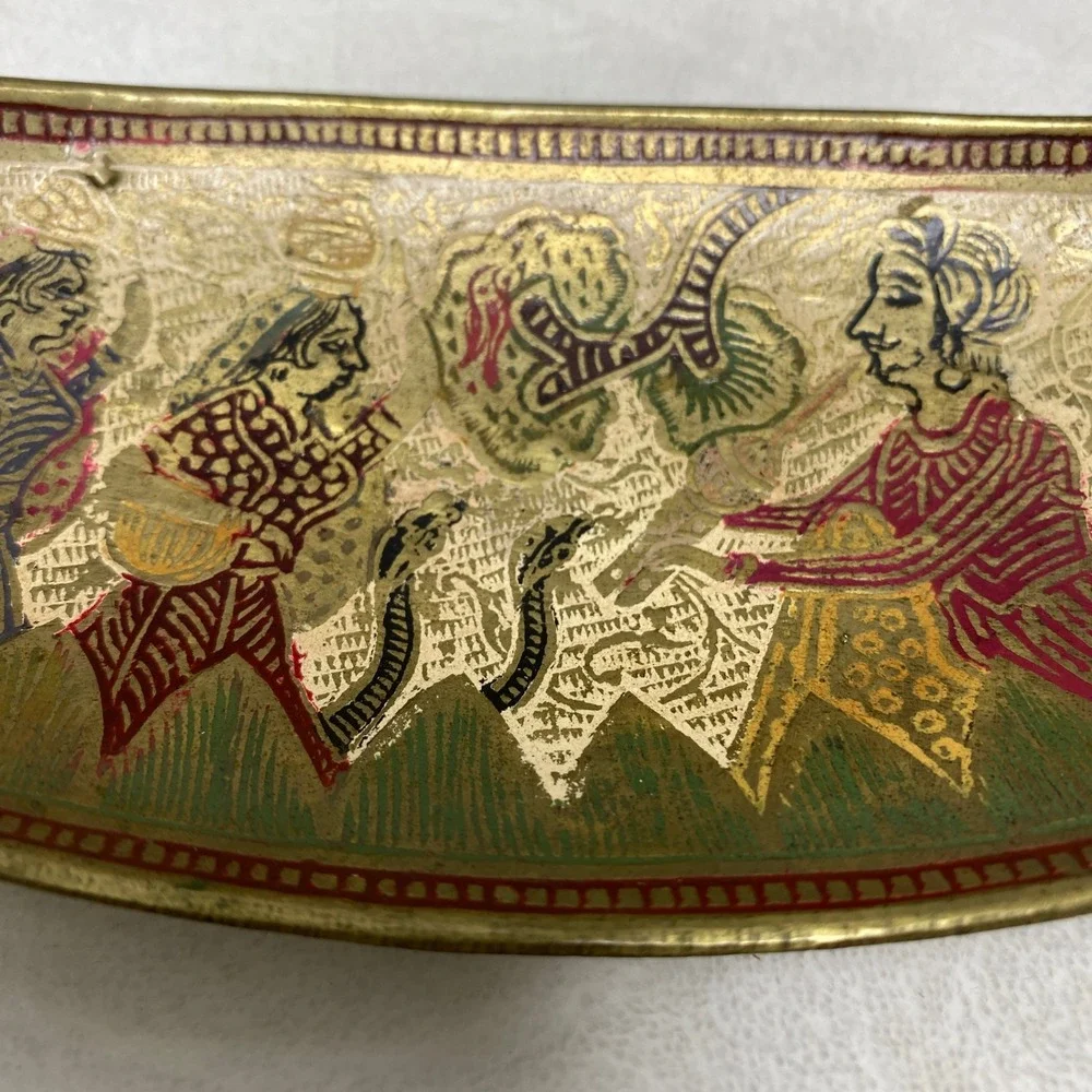Vintage Decorative Brass Tray Hand Painted‎ Figurines Snake Scene